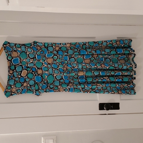 Evan-Picone Blue Green Circle Pattern Knee Length V-Neck Sleeveless Dress, 16 - Picture 2 of 2